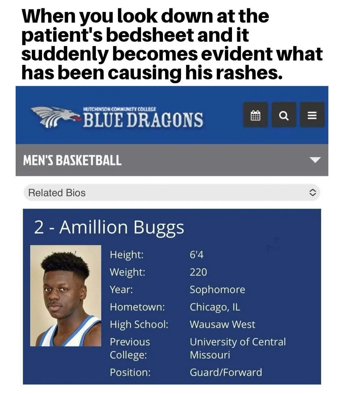 The image displays a screenshot of a college basketball player's bio page for Amillion Buggs from Hutchinson Community…