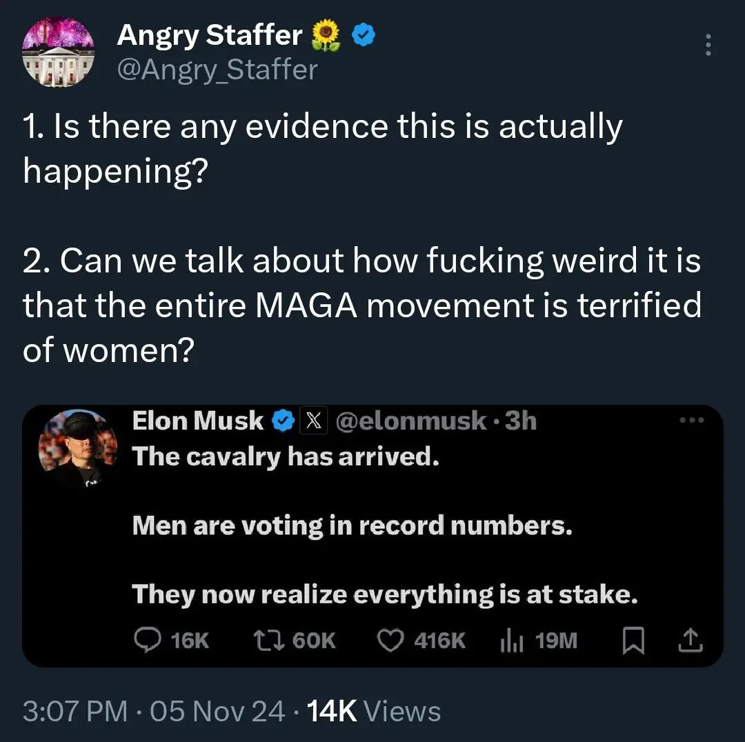 A screenshot of a Twitter post by 'Angry Staffer' asking two rhetorical questions about political trends. Below it is a…