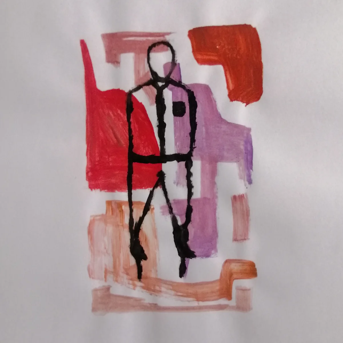 A childlike drawing on a white t-shirt shows a black stick figure with no facial features standing on a brown rocking horse…