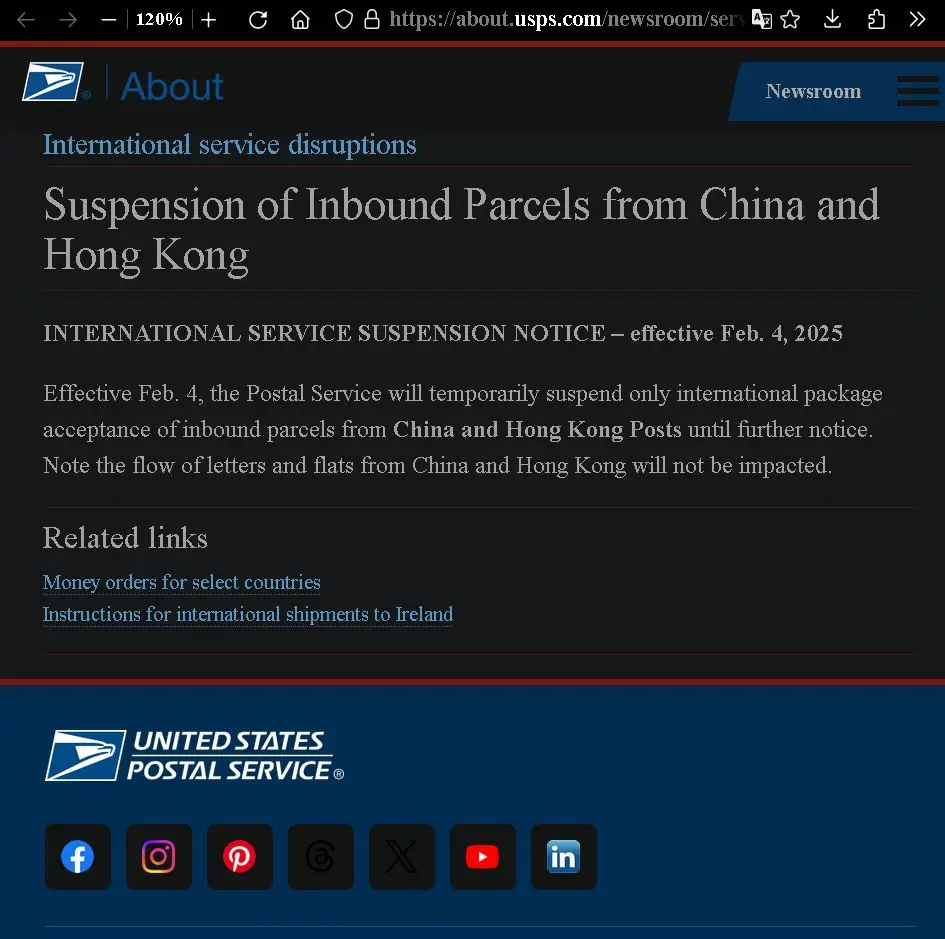 A screenshot of a USPS webpage announcing a temporary suspension of inbound parcel acceptance from China and Hong Kong…