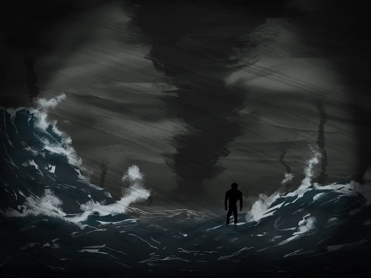 A dark, moody illustration shows a lone human silhouette standing defiantly in the center of a turbulent, stormy sea with…