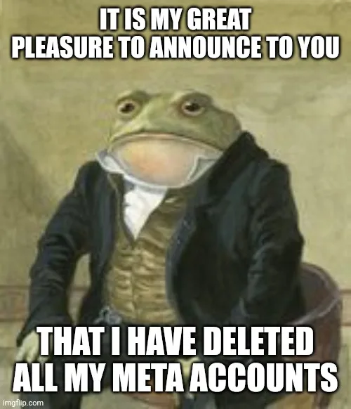 A green frog wearing a black coat and white cravat sits formally, looking pleased, with bold white text overlaid announcing…