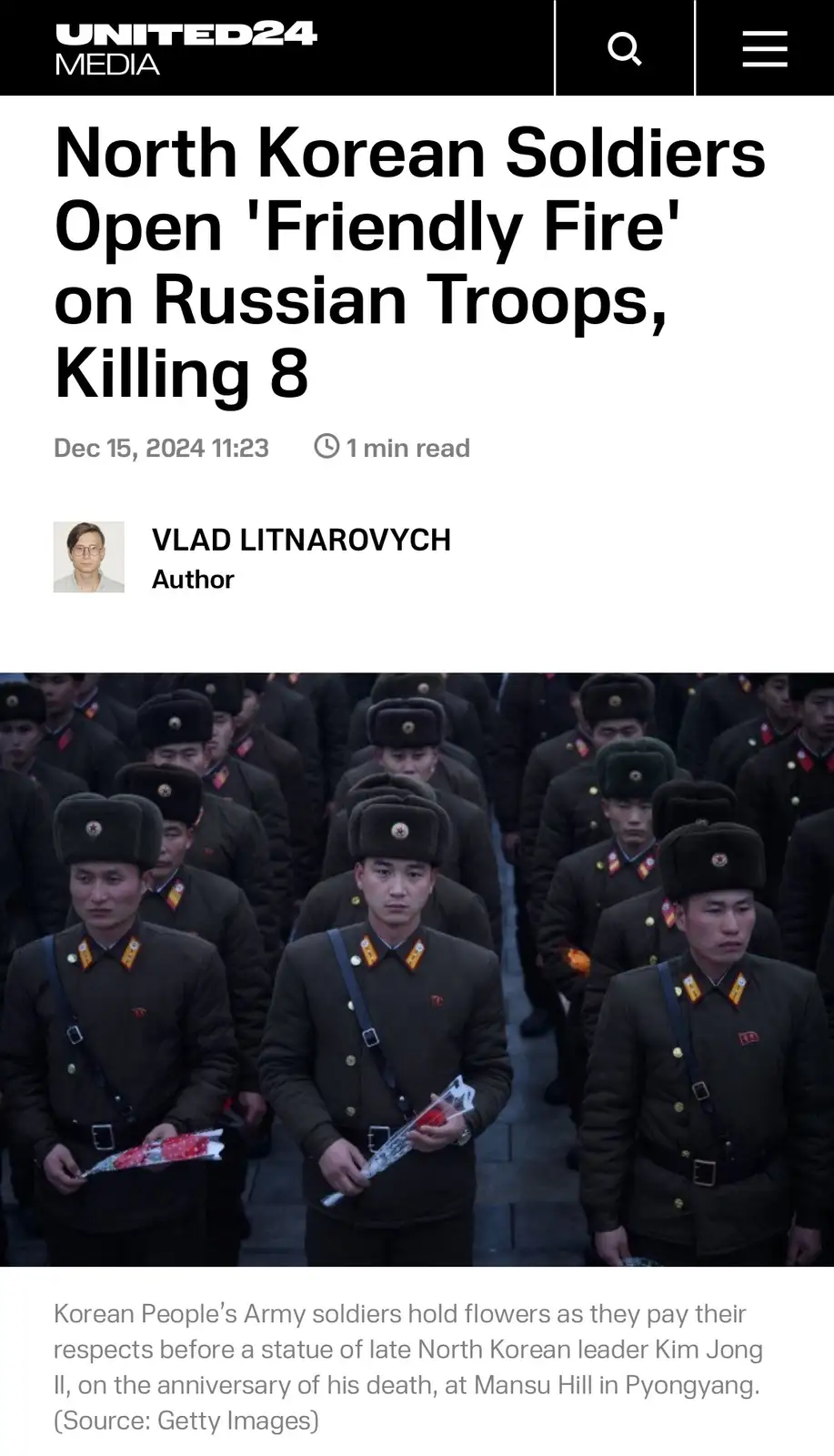 A screenshot of a United24 Media news article with a headline claiming North Korean soldiers killed 8 Russian troops via…