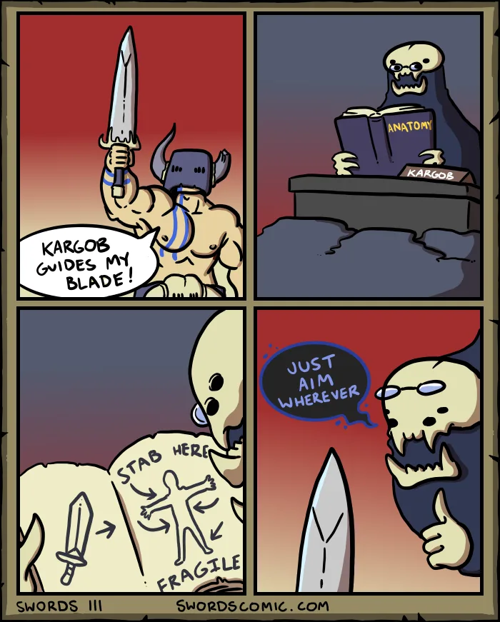 A four-panel comic strip shows a Viking warrior confidently declaring 'KARGOB GUIDES MY BLADE!' while holding a sword. In…
