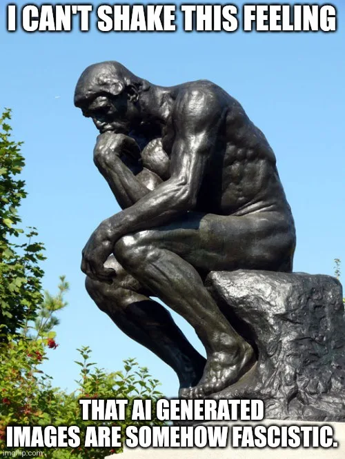 The image shows the famous bronze sculpture 'The Thinker' by Auguste Rodin, depicting a muscular nude man seated on a rock…