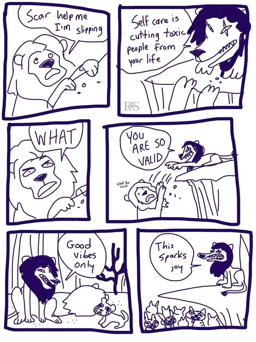 A six-panel comic strip featuring cartoon lions, where one lion pleads for help slipping, another advises cutting toxic…