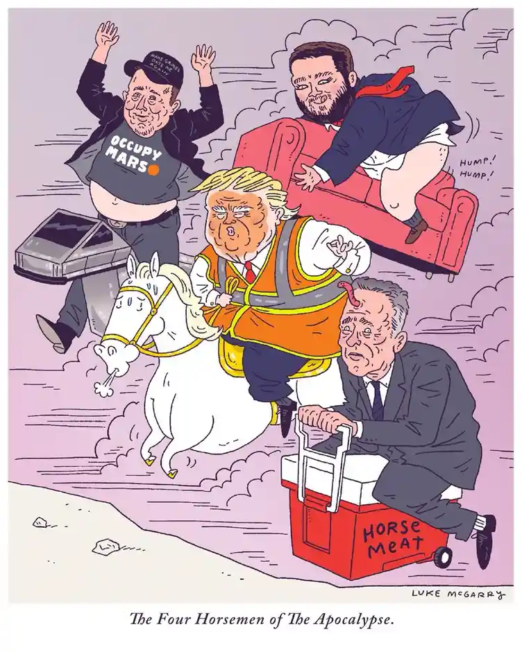 A cartoon depicts four caricatured figures as the 'Four Horsemen of The Apocalypse': Elon Musk riding a white horse with a…