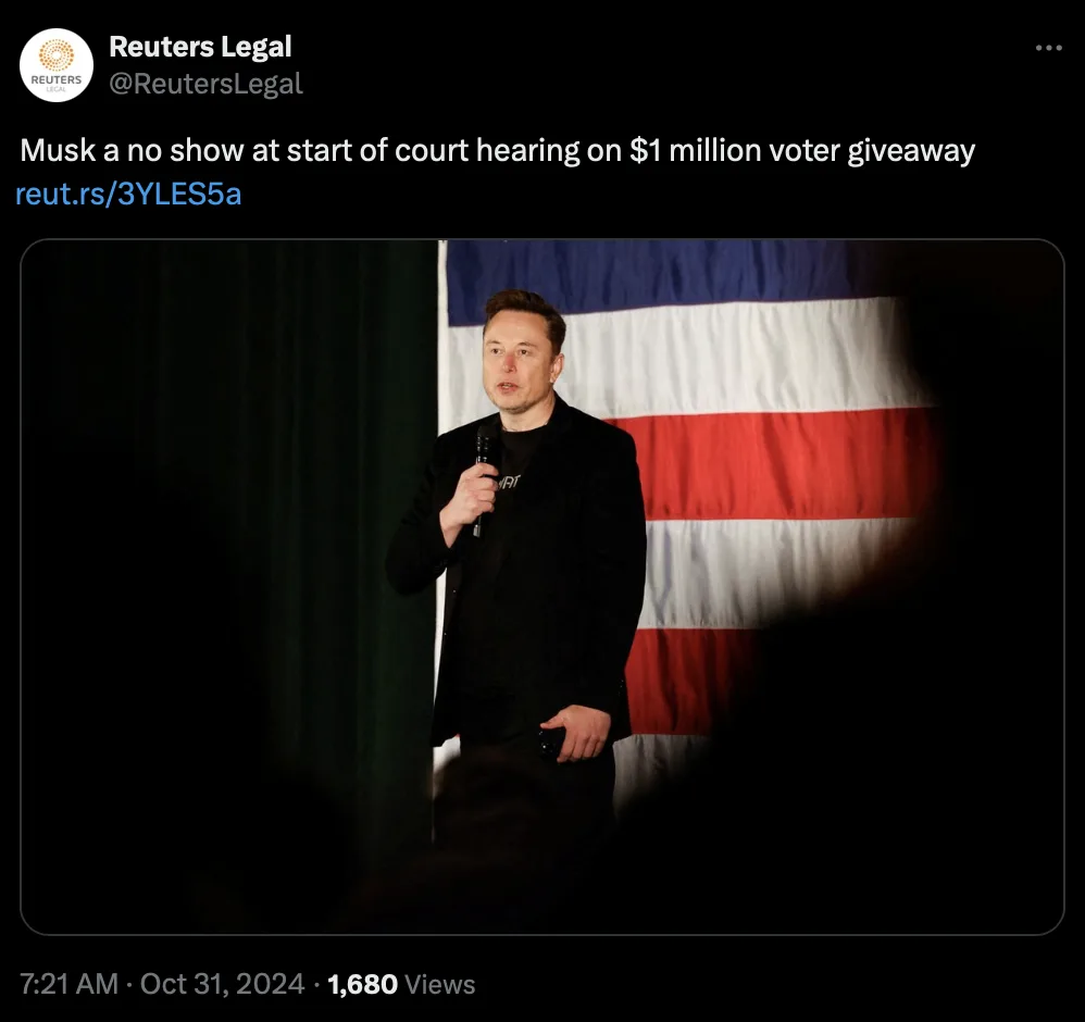 A screenshot of a Reuters Legal tweet shows a photo of Elon Musk holding a microphone while standing in front of an American…
