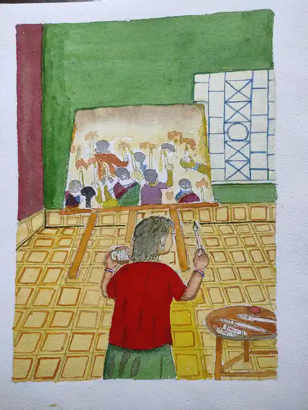 A watercolor painting shows a person in a red shirt and green pants, viewed from behind, painting on an easel while holding…