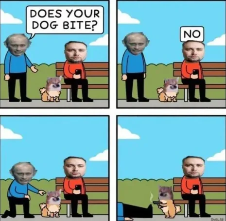 A four-panel comic strip shows a man with a dog sitting on a park bench. A man with a face resembling Vladimir Putin asks if…