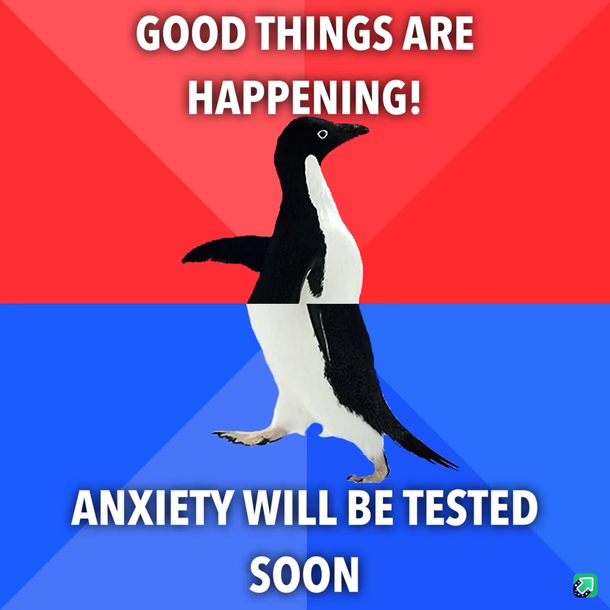 A penguin stands centered against a red and blue background split diagonally. White bold text at the top reads 'GOOD THINGS…