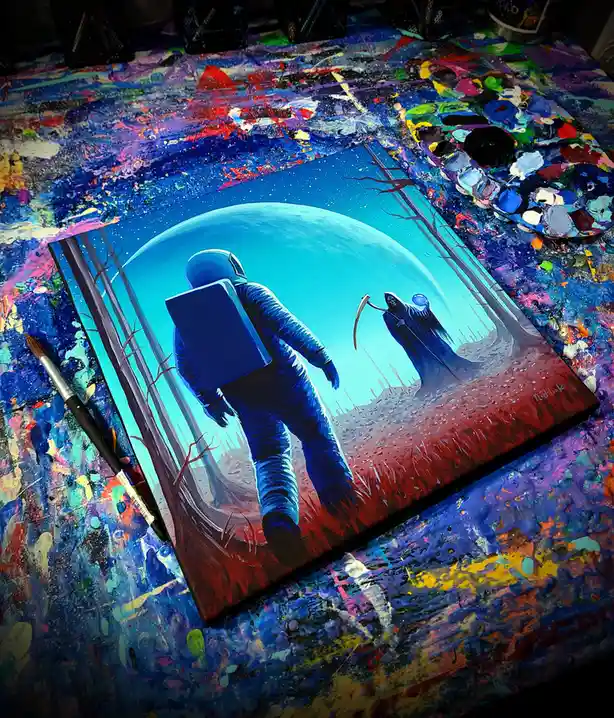 A painting depicts an astronaut walking toward a grim reaper holding a scythe under a large blue moon, set on a canvas…