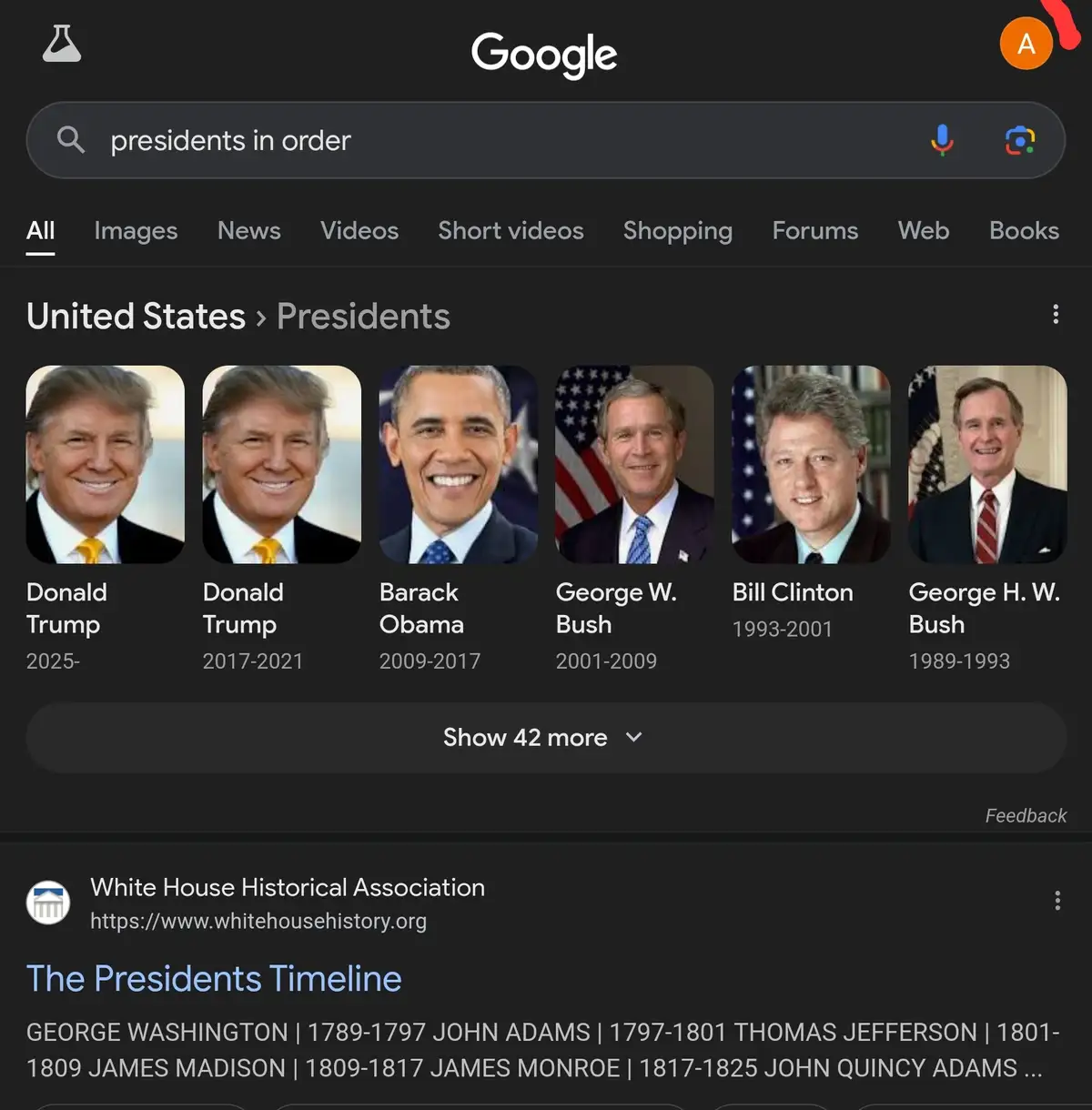 A Google search results page for 'presidents in order' shows a carousel of recent U.S. presidents including Donald Trump…