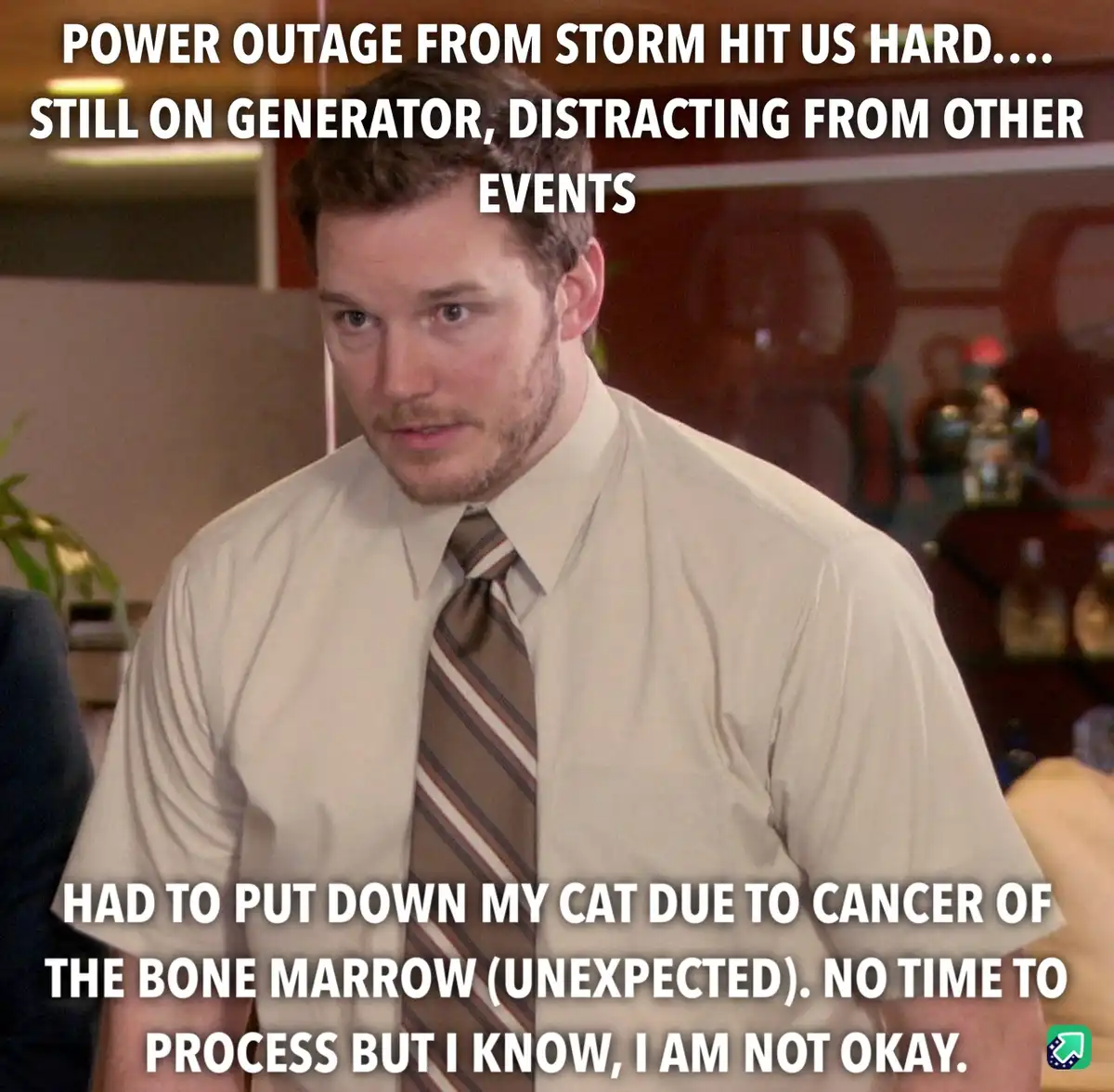 A man in a beige shirt and striped tie looks concerned while overlaid text explains a power outage from a storm is…