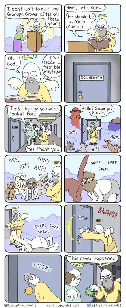A comic strip shows an angel searching for a human named Grandpa Grover in heaven, only to discover he's been mistakenly…
