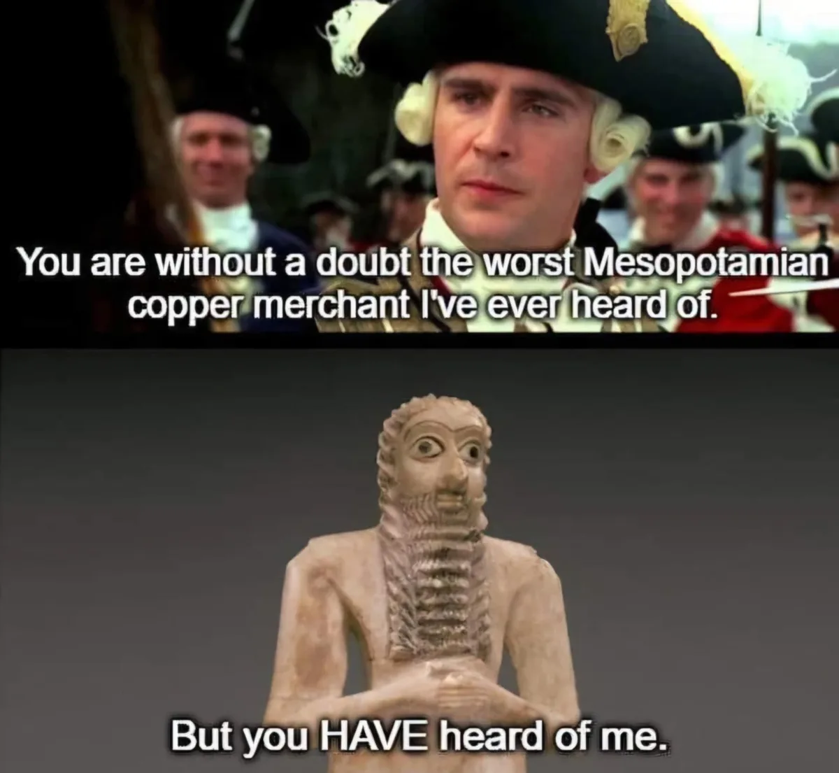 The top panel shows a man in 18th-century military uniform with white powdered wig and tricorn hat, looking sternly at the…