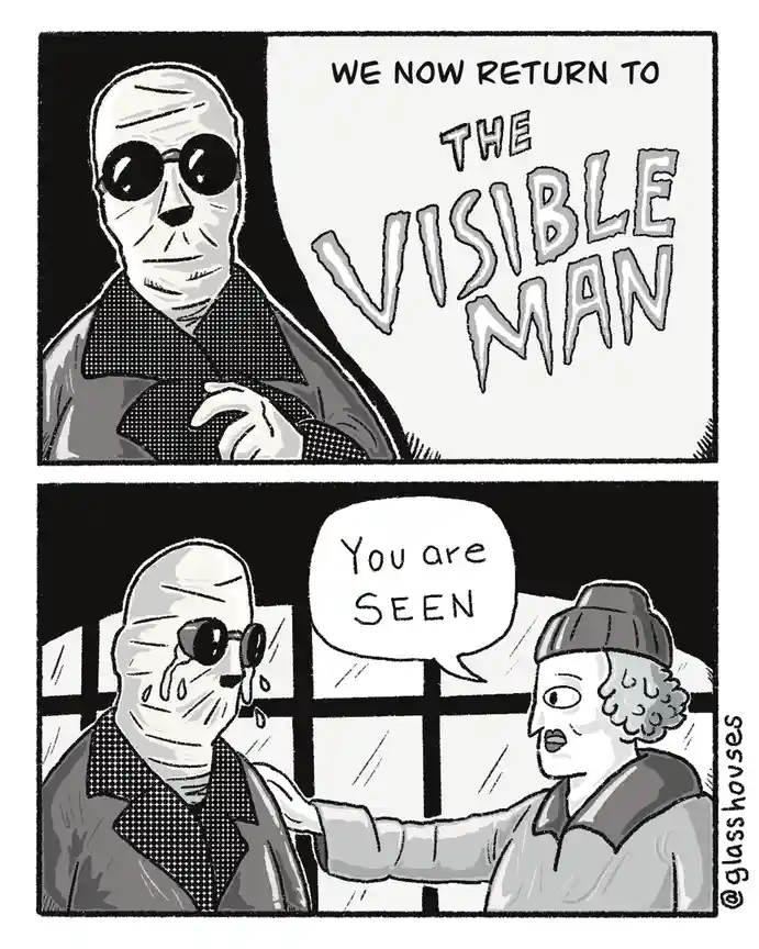 A two-panel black-and-white comic. The top panel shows a man with a bandaged face and sunglasses, with text announcing 'WE…