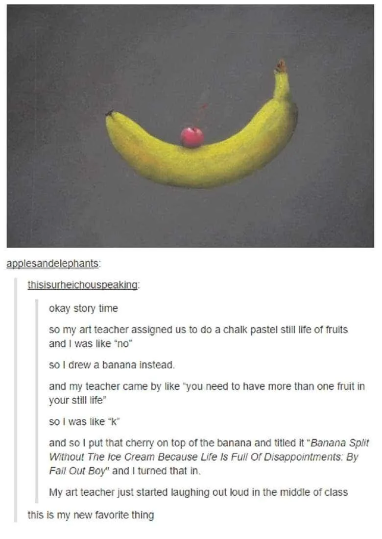 A yellow banana with a single red cherry on top, set against a plain gray background. The overlaid text tells a story about…