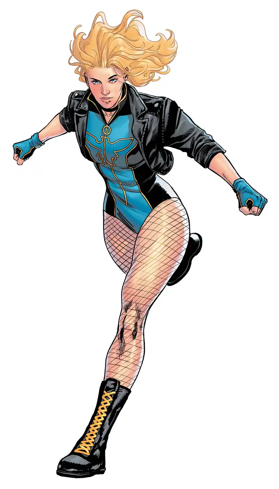 A comic book illustration of a female superhero with blonde hair, wearing a blue and black costume with a bird emblem, a…