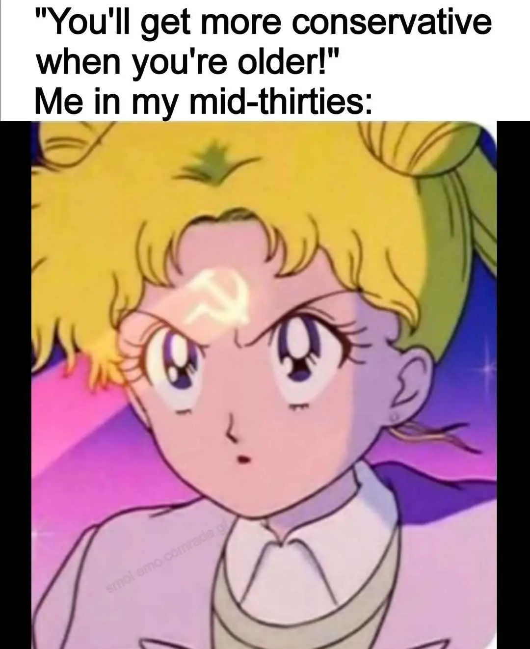 The image shows a close-up of the anime character Sailor Moon with a faint hammer and sickle symbol edited onto her…