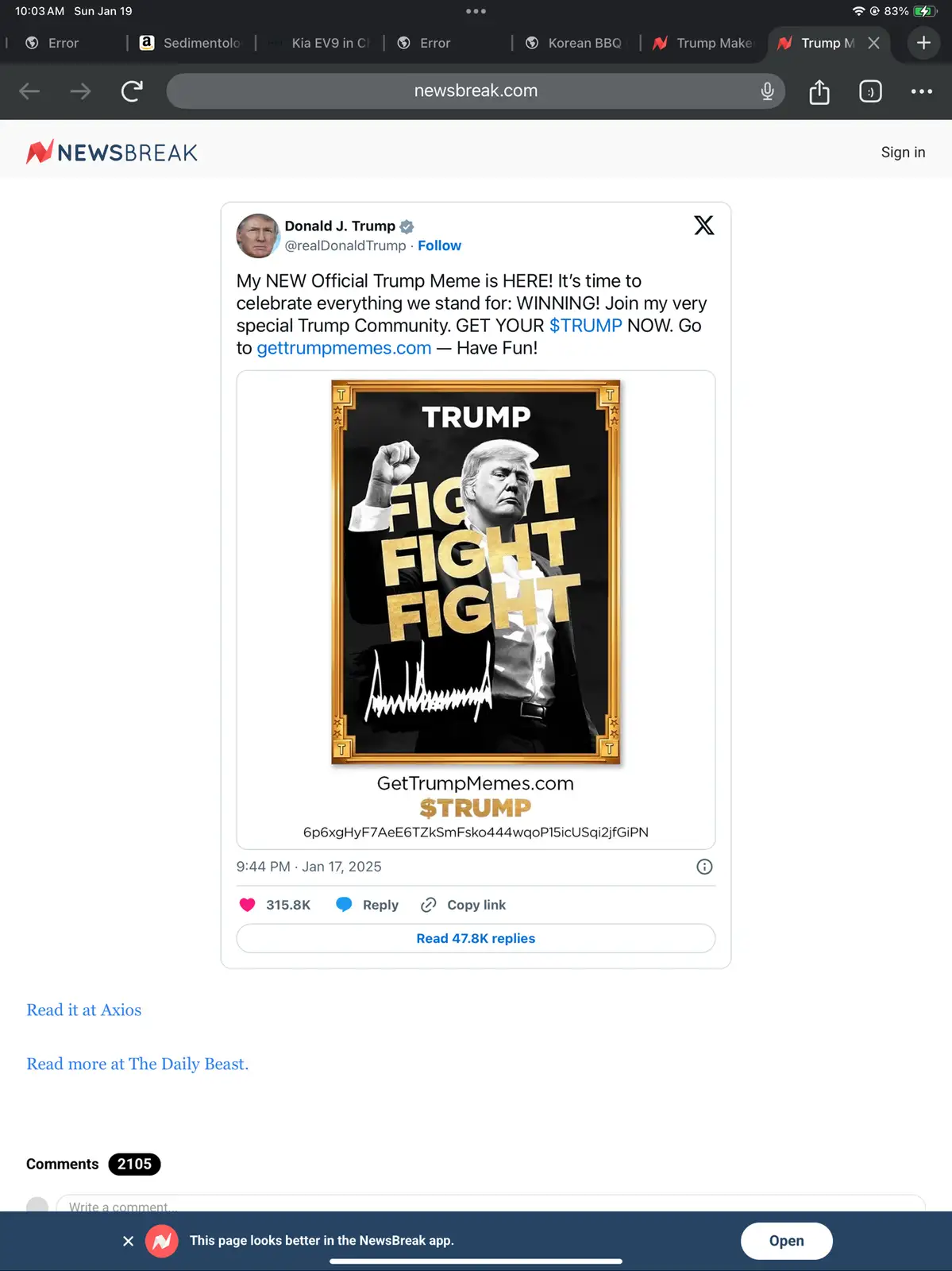 A screenshot of a tweet from Donald J. Trump promoting a 'NEW Official Trump Meme' featuring a black-and-white image of him…