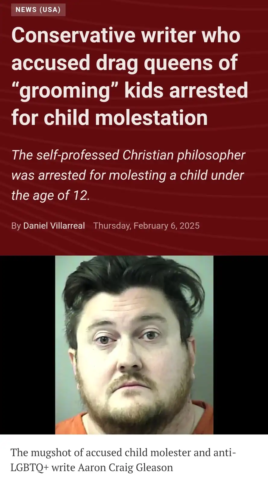 The image displays a news article layout with a red background and white text, featuring a mugshot of a man with dark hair…