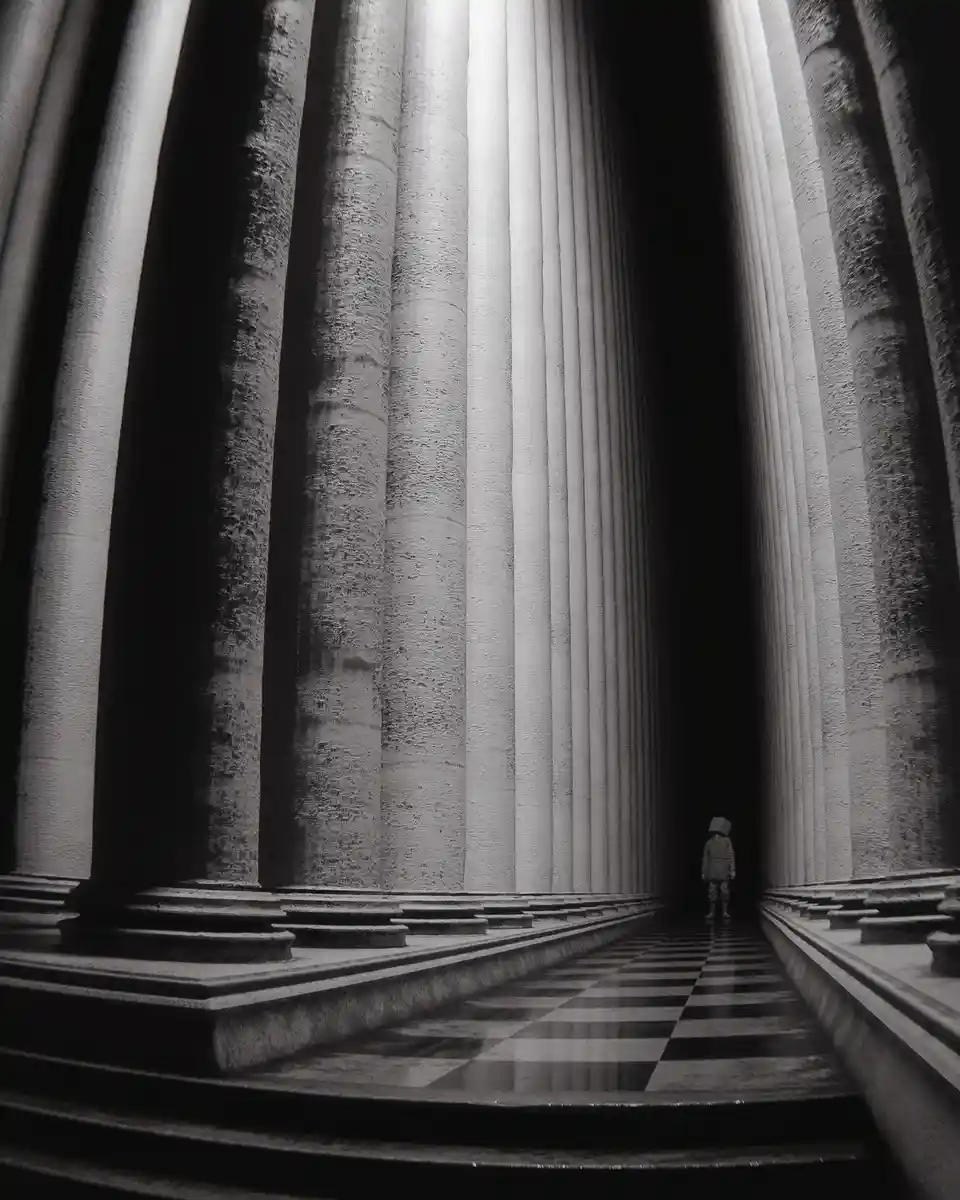 A black-and-white image shows a lone figure standing at the far end of a grand, column-lined hall with a checkered floor…