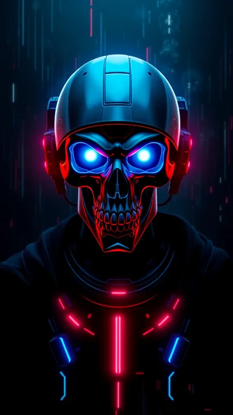 A digitally rendered image shows a menacing skull wearing a futuristic helmet and glowing red and blue neon armor, set…