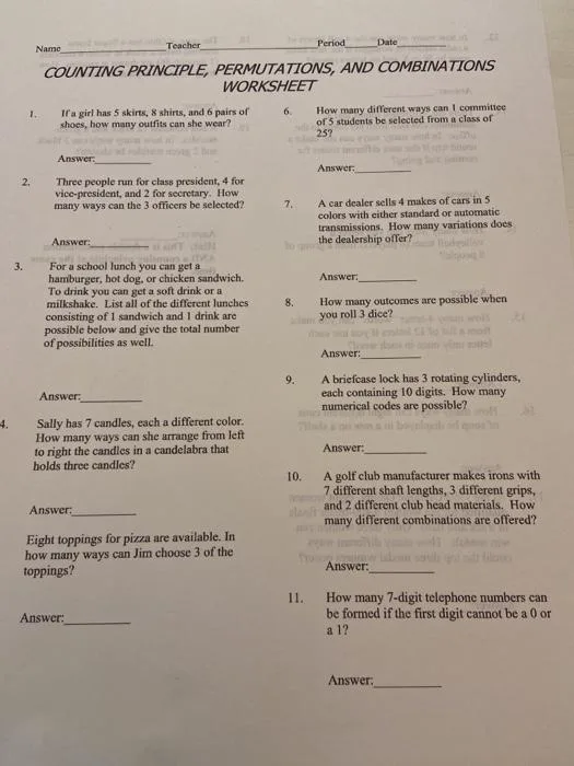 A math worksheet titled 'COUNTING PRINCIPLE, PERMUTATIONS, AND COMBINATIONS WORKSHEET' with 11 problems about calculating…