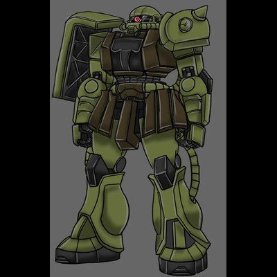 A green, heavily armored humanoid robot stands in a full-body pose against a plain gray background. The robot has a red eye…