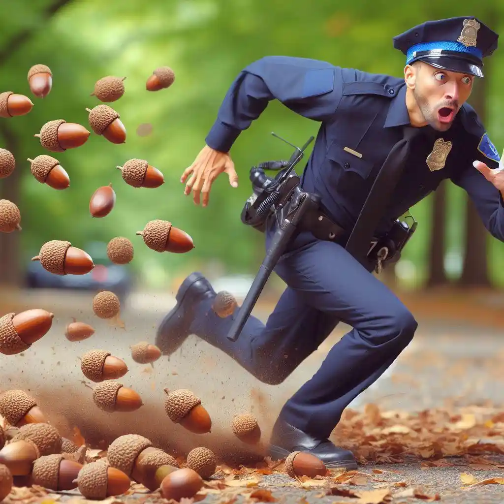 A police officer in full uniform is running in terror as numerous acorns fly through the air around him, some appearing to…