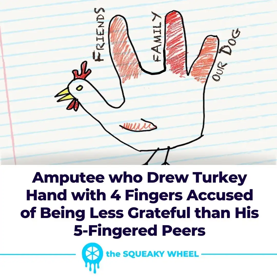 A child's drawing on lined notebook paper shows a turkey whose body is shaped like a hand with four fingers labeled…