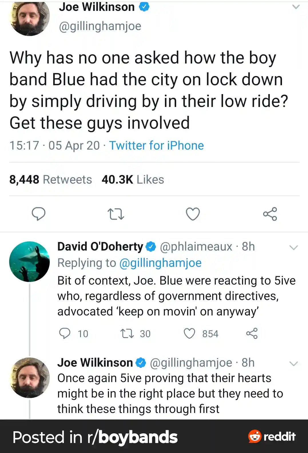 A screenshot of a Twitter thread shows Joe Wilkinson jokingly suggesting the boy band Blue caused a city lockdown by driving…