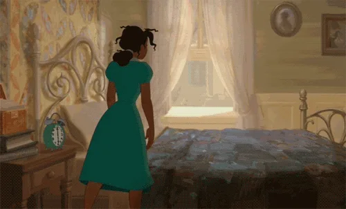 A sequence of animated frames shows a woman in a teal dress standing by her bed, then dramatically falling backward onto it…
