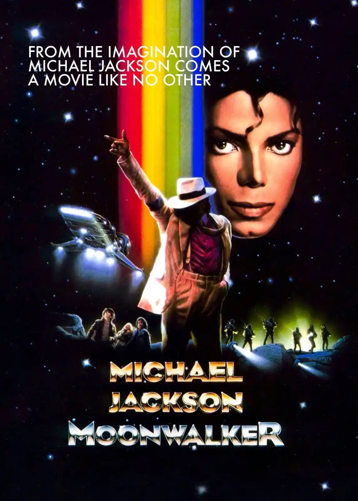 This image is a movie poster for Michael Jackson's 'Moonwalker,' featuring a large portrait of Michael Jackson against a…