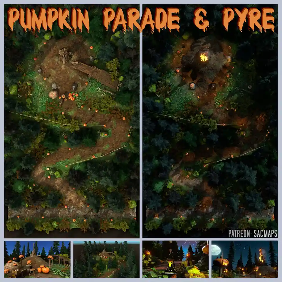 Two side-by-side top-down fantasy maps show a forest clearing decorated with pumpkins, lanterns, and a wooden bridge. The…