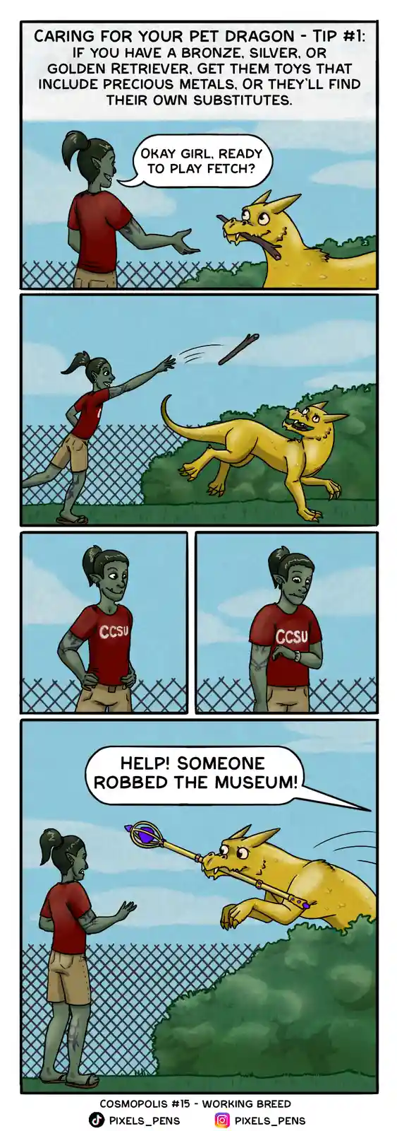 A four-panel comic shows a woman playing fetch with a golden dragon. The dragon initially catches a stick, but later returns…
