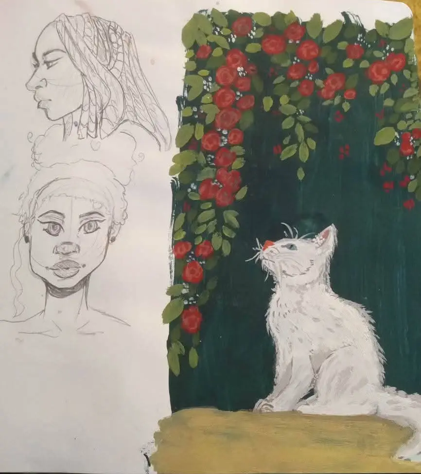The image shows two pencil sketches of human faces on the left and a painted white cat sitting under a rose arch on the…