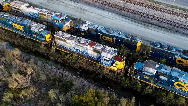 An aerial photo shows several rusty, abandoned CSX freight train locomotives sitting idle on tracks next to a ditch filled…