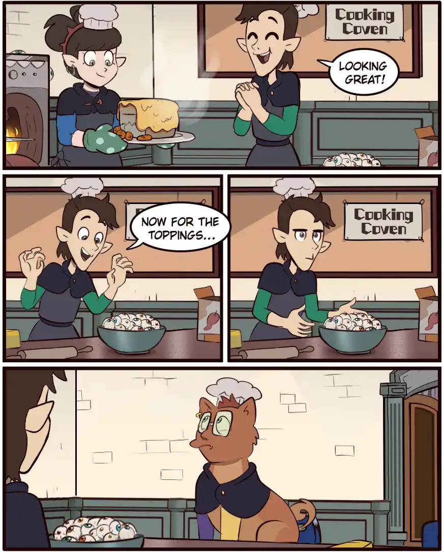 A four-panel comic strip from 'Cooking Coven' shows a chef proudly presenting a cake to a customer, then excitedly preparing…