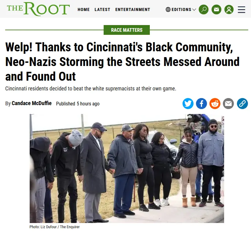 A screenshot of a news article from The Root with the headline 'Welp! Thanks to Cincinnati's Black Community, Neo-Nazis…