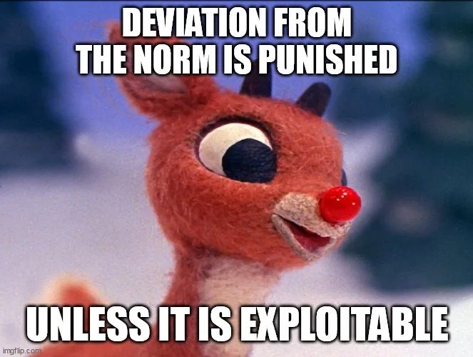 A close-up of the animated reindeer Rudolph with his signature red nose, looking slightly smug or self-satisfied. White bold…