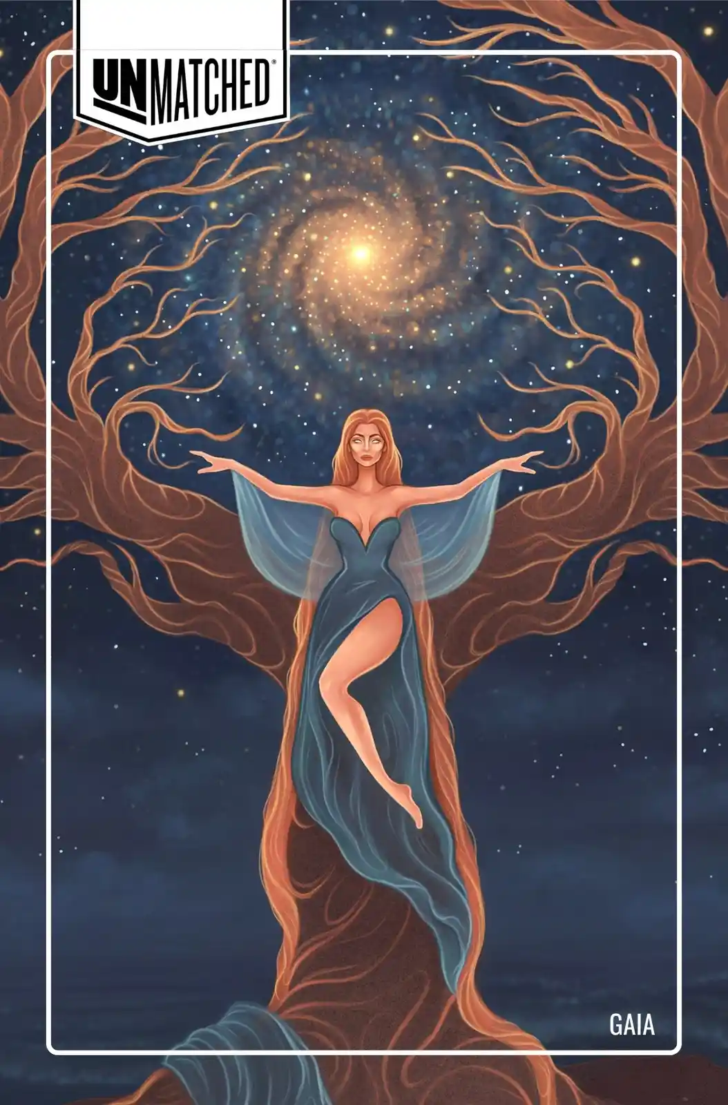 A stylized illustration depicts a woman with long blonde hair and a blue gown standing atop a massive tree with roots…