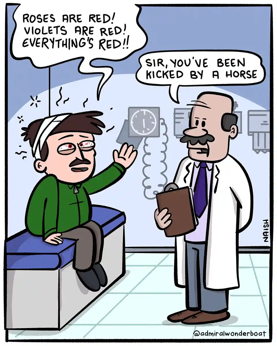 A cartoon depicts a man with a bandaged head and bloodshot eyes sitting on an examination table in a doctor's office…
