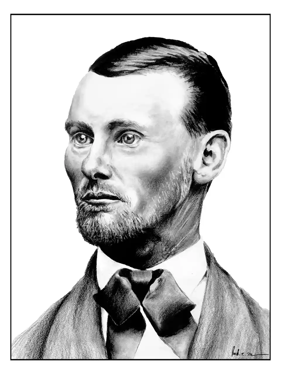 A black and white pencil sketch of a man with a beard and formal attire, looking slightly to the side with a neutral…
