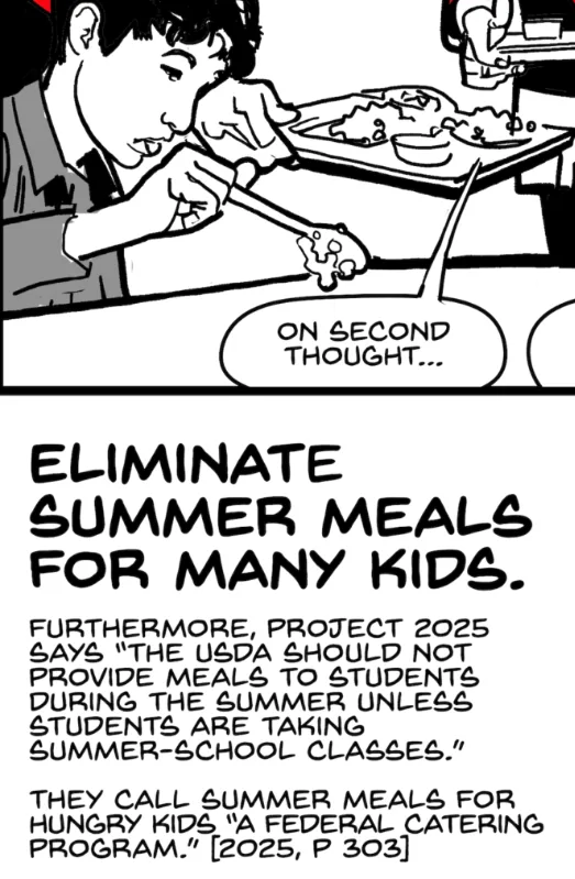A black-and-white comic panel shows a child hesitating while eating a meal, with a speech bubble reading 'ON SECOND…