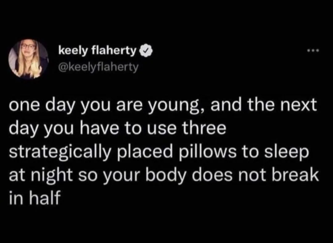 A screenshot of a tweet by Keely Flaherty showing a black background with white text. The text reads: 'one day you are…