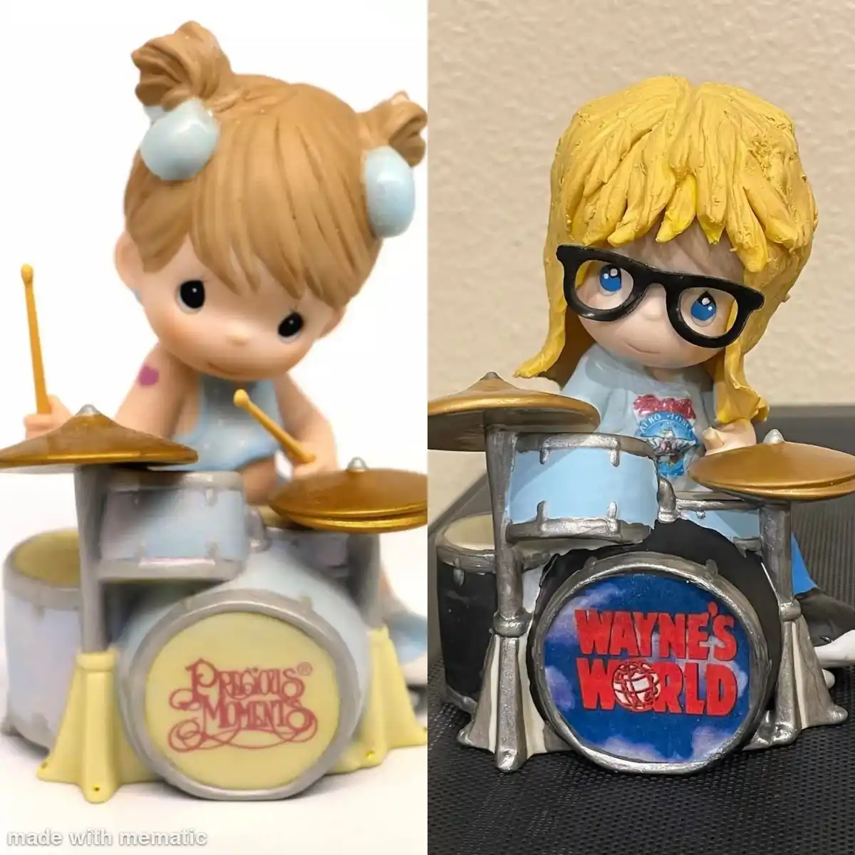 The image displays two side-by-side figurines of a girl playing drums. The left side shows a standard Precious Moments…