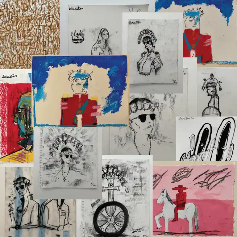 A collage of various small, stylized artworks by artist Brinaton, featuring sketches and paintings of figures with crowns…