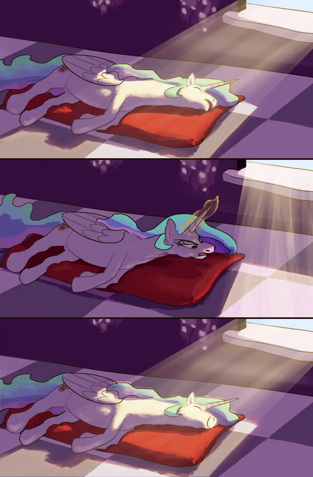 A three-panel comic shows a white unicorn with rainbow mane and wings sleeping peacefully on a red pillow in a purple room…